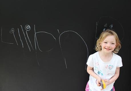 Lillian happy with her new blackboard. 