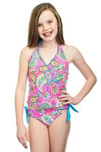 Pre teen tankini by breaking waves