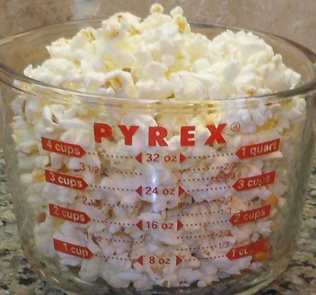 Or, you can pour it into a bowl and serve.  Just under 3 tablespoons of unpopped popcorn popped about 6 cups of popcorn.