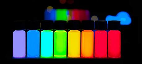 Colloidal quantum dots irradiated with a UV light. Different sized quantum dots emit different color light due to quantum confinement.