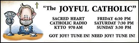 Banner for Joyful Catholic radio program, Roman Catholic Diocese of Spokane, Washington, caricature of host Eric Meisfjord sitting at microphone with cup of coffee