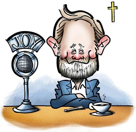 Promotional art for Joyful Catholic radio program, Roman Catholic Diocese of Spokane, Washington, caricature of host Eric Meisfjord sitting at microphone with cup of coffee