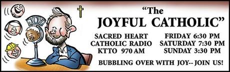 Banner for Joyful Catholic radio program, Roman Catholic Diocese of Spokane, Washington, caricature of host Eric Meisfjord using microphone as bubble wand to blow little people bubbles representing his guests on the radio program