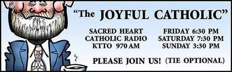 Banner for Joyful Catholic radio program, Roman Catholic Diocese of Spokane, Washington, caricature of host Eric Meisfjord wearing a Pope Francis necktie