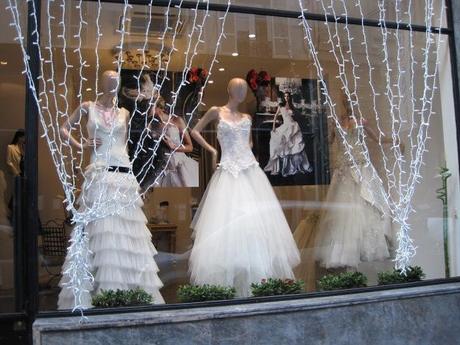 Wedding dresses in display window