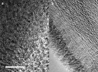 TEM images of (a) pristine graphite and (b) expanded graphite. The scale bar is in 10 nm.