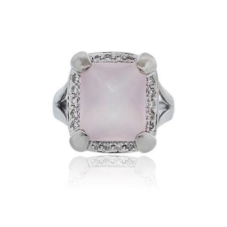 14K White Gold Checkered Rose Quartz Diamond Cocktail Ring