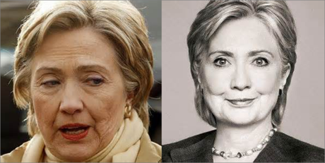 HIllary in real life (l) and Photoshopped for her book (r)