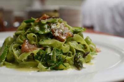 Stinging Nettles Fettucine w-pancetta & Asparagus - One of the many favorites from the Babbo neighborhood 