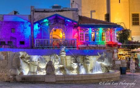 Israel, Old Jaffa, night photography, restaurant, lights, coloured lights, fountain, water long exposure