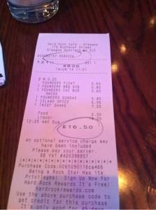 Receipt bill check Burger Menu HRC Queue public people customers Hard Rock Cafe Glasgow birthday food drink Glasgow blog