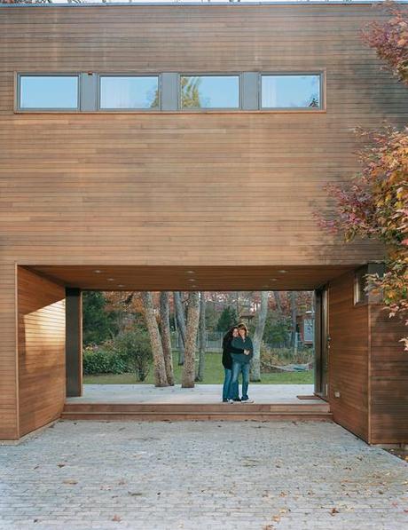 Prefabricated Long Island home cedar siding breezeway 