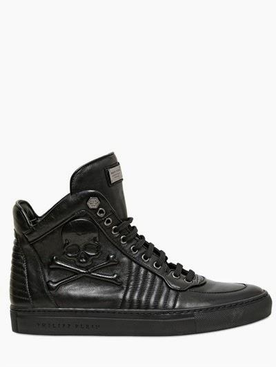 Embossed And In-Charge:  Philipp Plein Embossed Skull Leather High Top Sneaker