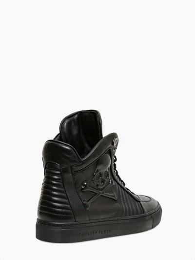 Embossed And In-Charge:  Philipp Plein Embossed Skull Leather High Top Sneaker