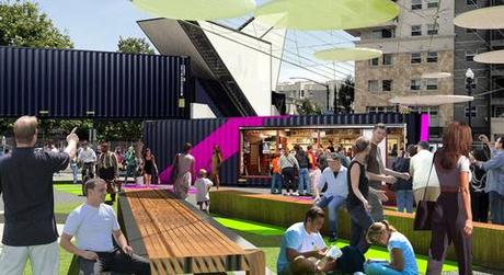 Urban pop-up park with repurposed shipping containers and beer garden 