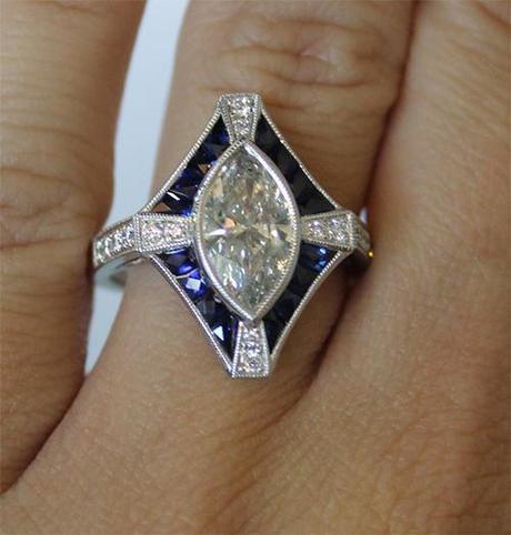 Antique Style Sapphire and Marquise Engagement Ring