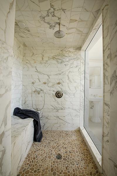 Artistic Tile: Paul Siskin - Gorgeous seamless glass shower with rain shower head, pebble shower floor, ...