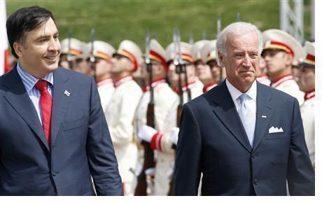 U.S. Vice President Biden and Georgia's President Saakashvili review a honor guard during a welcoming ceremony in Tbilisi
