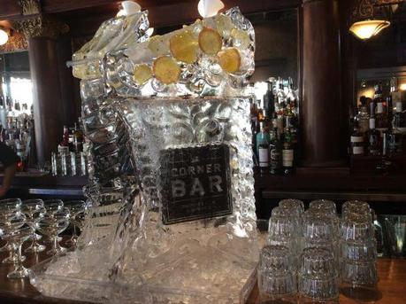 Ice sculpture, complete with tube for pouring cocktails