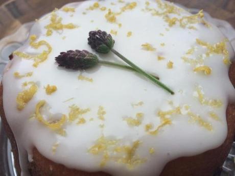 lemon and lavender cake recipe decorative topping with sprigs and citrus rind