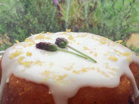 lemon and lavender cake with flower sprigs decoration icing drizzle
