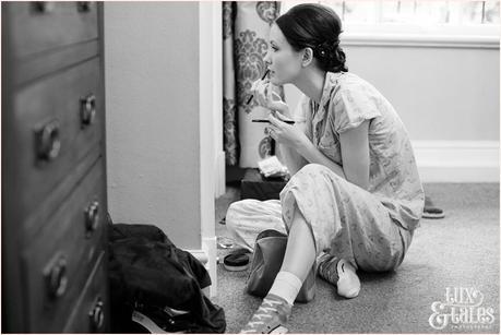 Bride gets readys in her pajamas at Yorkshire wedding