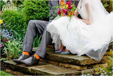 Bride & groom portraits Yorkshire wedding photography brightly coloured bouquet