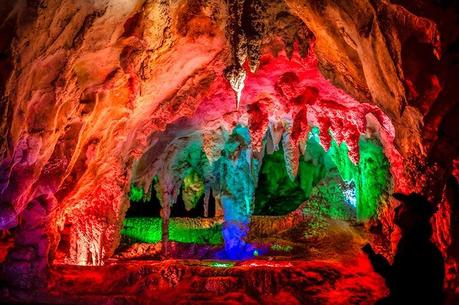Coloured lights add another dimension to a chamber in the Chifley Cave system. Photo: Blue Mountains Lithgow & Oberon Tourism.Image by David Hill.