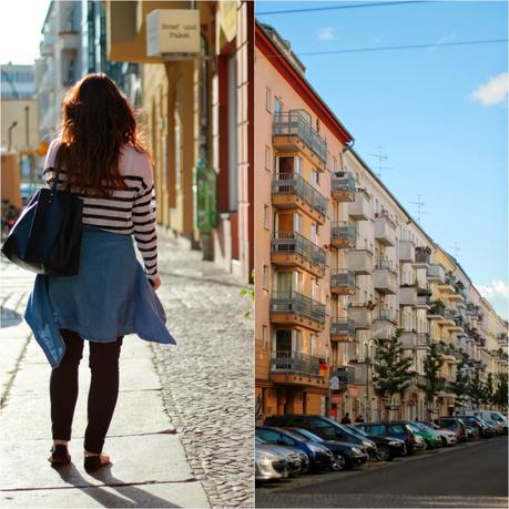 DENIM shirt, black skinny jeans, H&M, Zara, black tote, shopper, striped sweater, structured, tied around the waist, online shopping, style, black flats,  primark, exclusive, lifestyle, fashion blogger, DE, berlin, off duty, ootd, outfit of the day