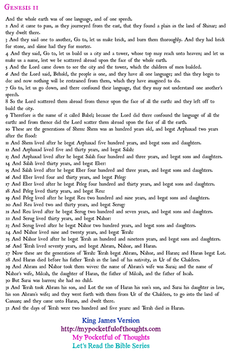 Genesis 11 kjv - Spread Out  NOW ... the city of Babel (Babylonia) - Part of the Let's Read the Bible Series on My Pocketful of Thoughts; http://mypocketfulofthoughts.com