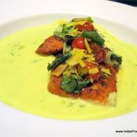 meen moilee, baked river sole, coconut flakes