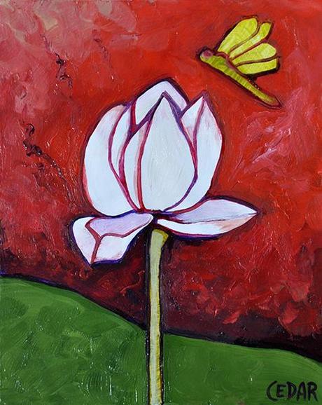 Lotus and Bright Dragonfly. 10″ x 8″, Oil on Wood, © Cedar Lee 2014