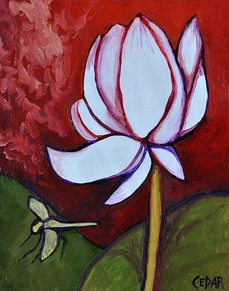 Lotus and Resting Dragonfly. 10″ x 8″, Oil on Wood, © Cedar Lee 2014