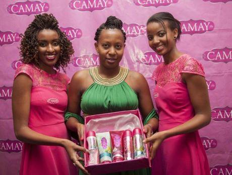Models Winnie Njoki and Yvonne Mula with Camay Brand Manager Victoria Kieti (centre) during the unveiling of Camay beauty products at a Nairobi hotel