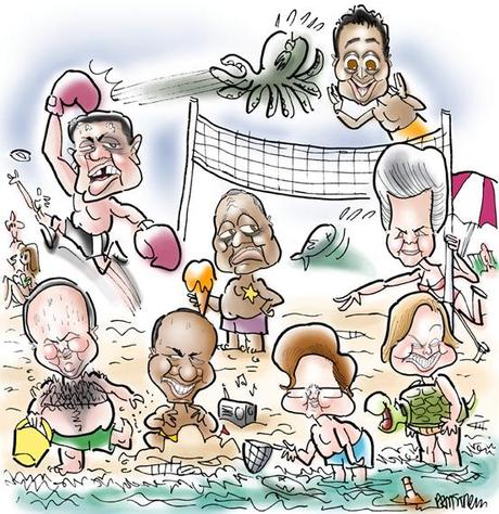 Cover illustration for summer issue of Philadelphia City Paper, beach scene with eight caricatures, including Sylvester Stallone as Rocky Balboa, M. Night Shyamalan who directed The Sixth Sense, and former Pennsylvania governor Ed Rendell