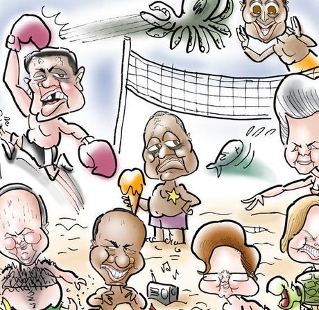Detail image of cover illustration for summer issue of Philadelphia City Paper, beach scene with eight caricatures, including Sylvester Stallone as Rocky Balboa, M. Night Shyamalan who directed The Sixth Sense, and former Pennsylvania governor Ed Rendell