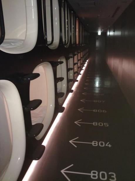 A bank of rooms in a capsule hotel in Kyoto