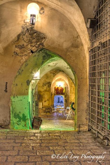Old Jaffa, Israel, archway, stones, green light, travel