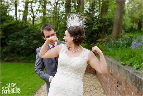 bride acts silly in wedding photos at the old swan hotel in harrogate