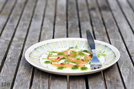 Smoked salmon with horseradish cream, chive oil, dill, radish #178