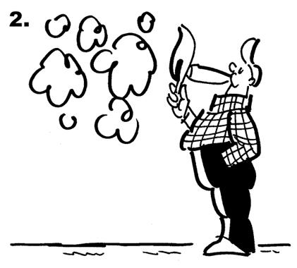 Panel 2 of Busker the Street Musician 4th of July comic strip, guy lighting cigar, throws match away, match lands on fuse leading to huge armful of fireworks being carried away from fireworks outlet store by Busker