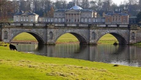 The north front of Kedleston Hall, Derbyshire, seen beyond the bridge.