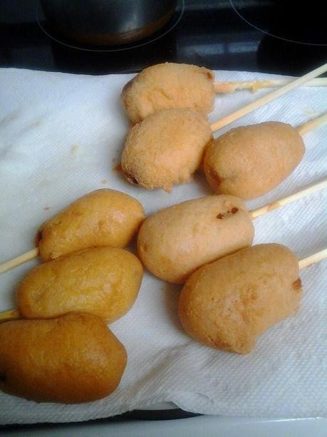 picture shows grain free hotdogs on chopstick skewers sitting on napkin. half batch already eaten.