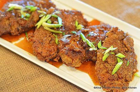 Crispy Buttermilk Pork Chops in Sweet Soy Apricot Glaze with Green Onions