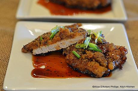 Crispy Buttermilk Pork Chops in Sweet Soy Apricot Glaze with Green Onions