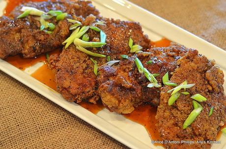 Crispy Buttermilk Pork Chops in Sweet Soy Apricot Glaze with Green Onions