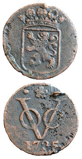 Two sides of a duit, a coin minted in 1735 by ...