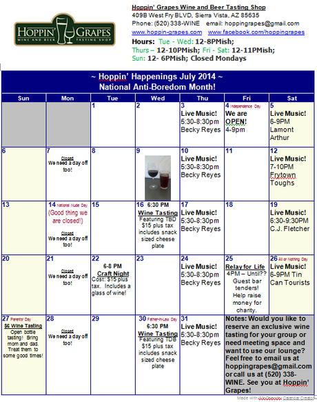 July 2014 Calendar!  Hoppin' Grapes Wine and Beer Bar and Retail Shop