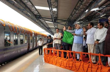 Prime Minister Naredra Modi flags off train at Katra in Jammu