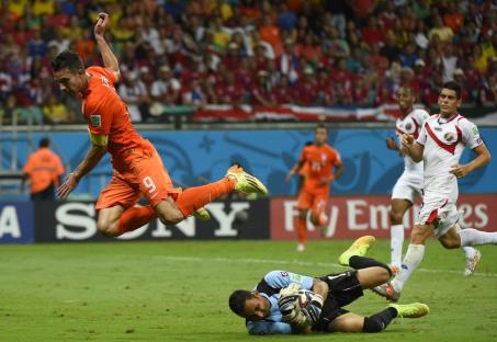 Costa Rican goalie Keylor Navas on the ground